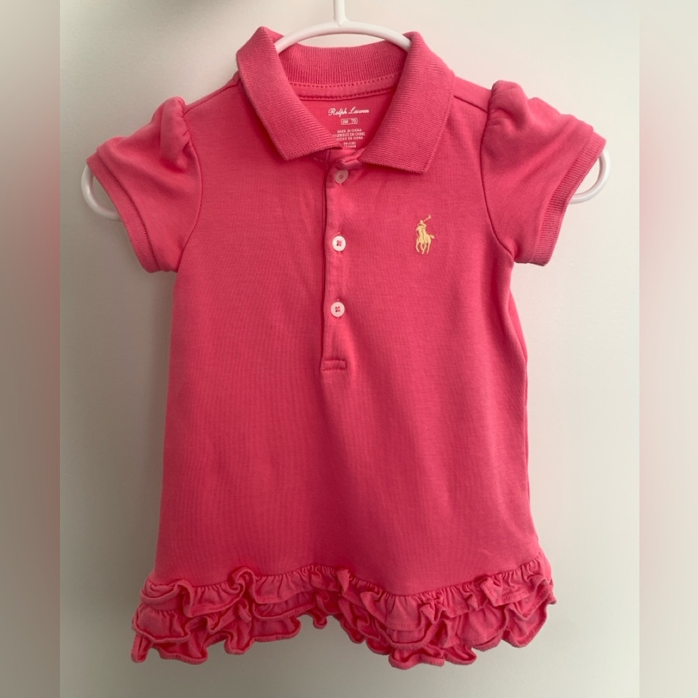 Like New 6M Ralph Lauren Baby Polo Dress Shirt Hot Pink Ruffles Puff Sleeve
